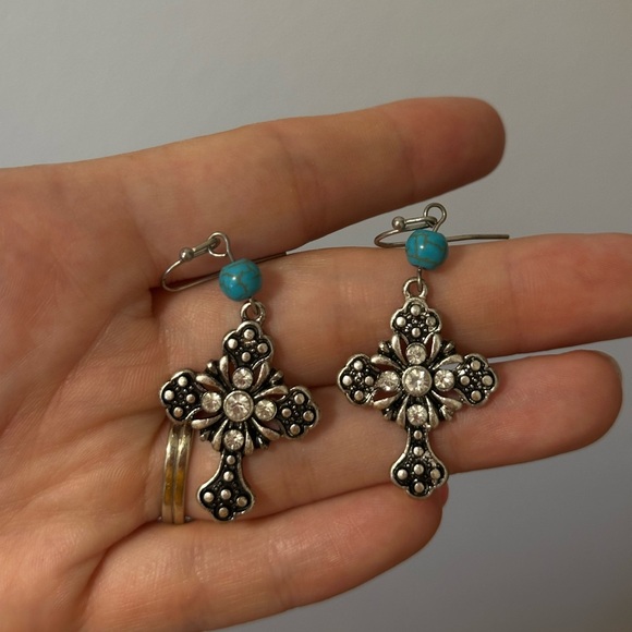 Jewelry - Silver and Turquoise Cross Earrings
